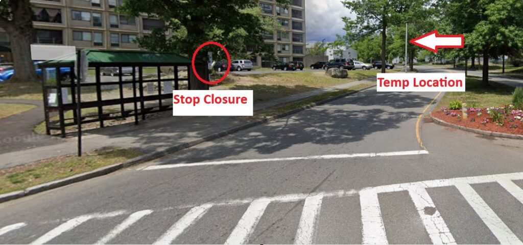 Image of current bus stop ID 205 at Country Club Blvd. and Pleasant Valley Dr. Due to construction, the bus stop will be moved approximately 75 feet north with a temporary bus stop sign for Route 23.