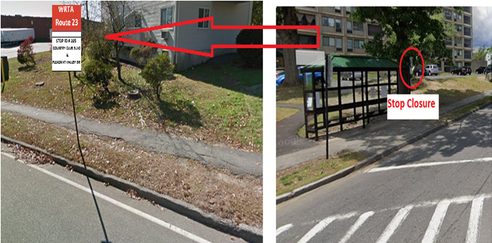Split-image showing a temporary bus stop relocation due to construction. On the left, a sidewalk along a road with a WRTA Route 23 stop sign indicating a temporary stop location, with arrows pointing to the new position approximately south of the original stop. On the right, a covered bus stop shelter with a “Stop Closure” label marking the original stop area, which is fenced off and no longer in use.